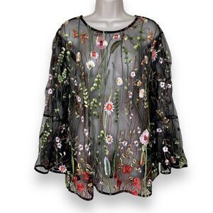 Adiva Black Netting Embroidered Floral Vine Bell Sleeve Sheer Blouse Women 1X